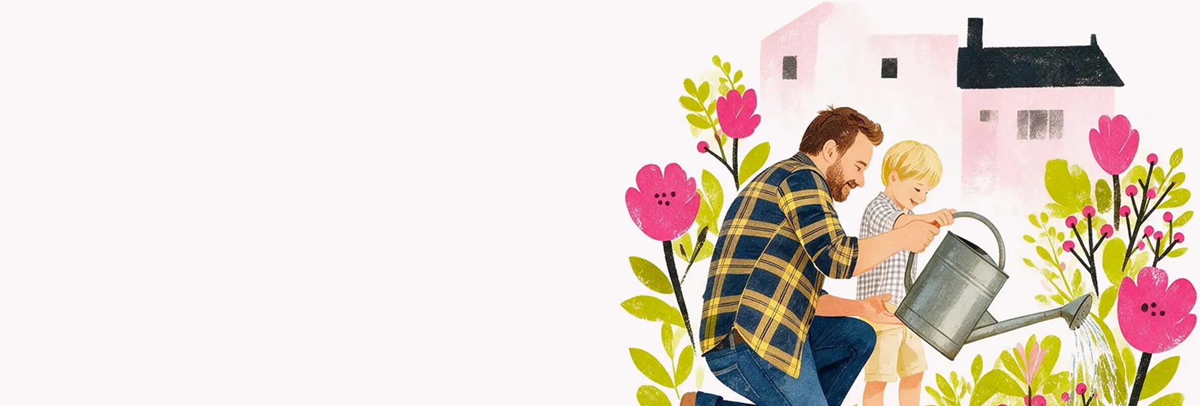 Père et enfant arrosant des fleurs dans un jardin fleuri devant une maison.
